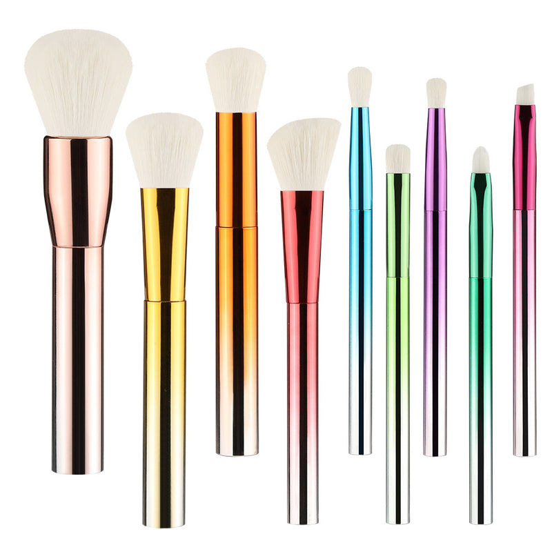High Quality 9pcs White Nylon Hair Makeup Brush Set Newest Gradual Handle with Bling Face
