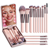 14-piece makeup brush mirror with LED light - USB rechargeable makeup brush set