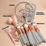 32-piece luxury diamond-encrusted makeup brush set, hairband, hairpin, eyelash comb, beauty egg, and storage bucket, best-selling.
