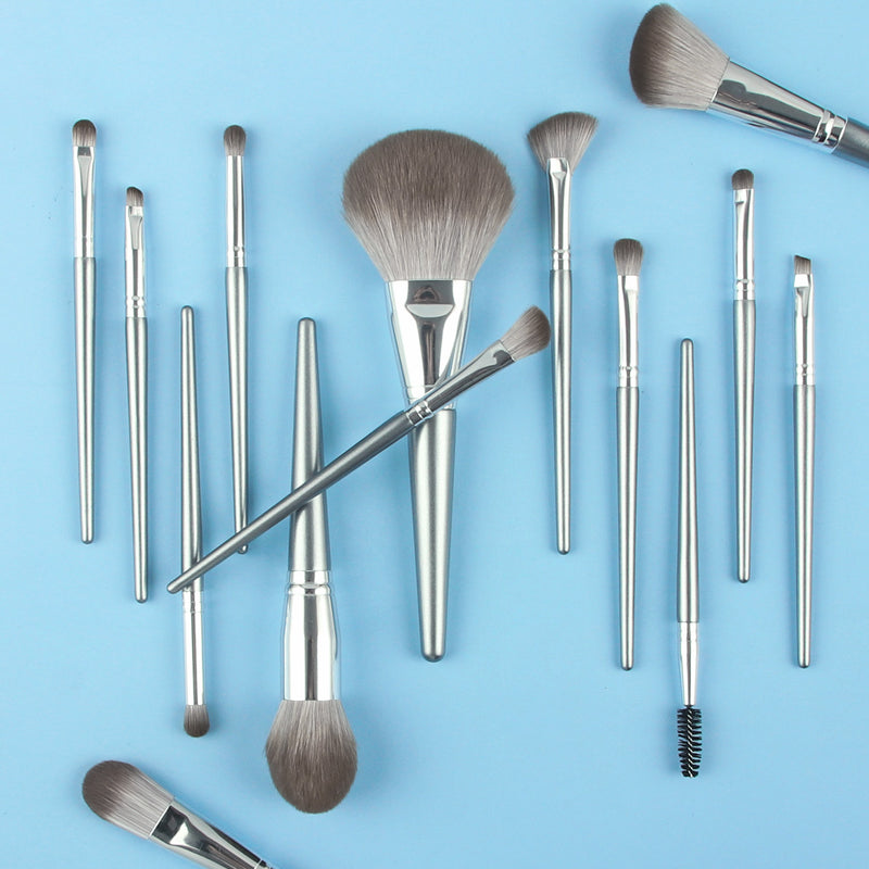 14-Piece High Quality Silver Makeup Brush Set Eye Shadow Foundation Blush & Highlighter with Powder Premium Brushes