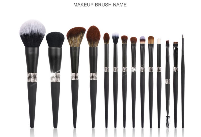 New Arrival Queen High-End Series 14-Piece Makeup Brush Set Bright Matte Black Bag Included